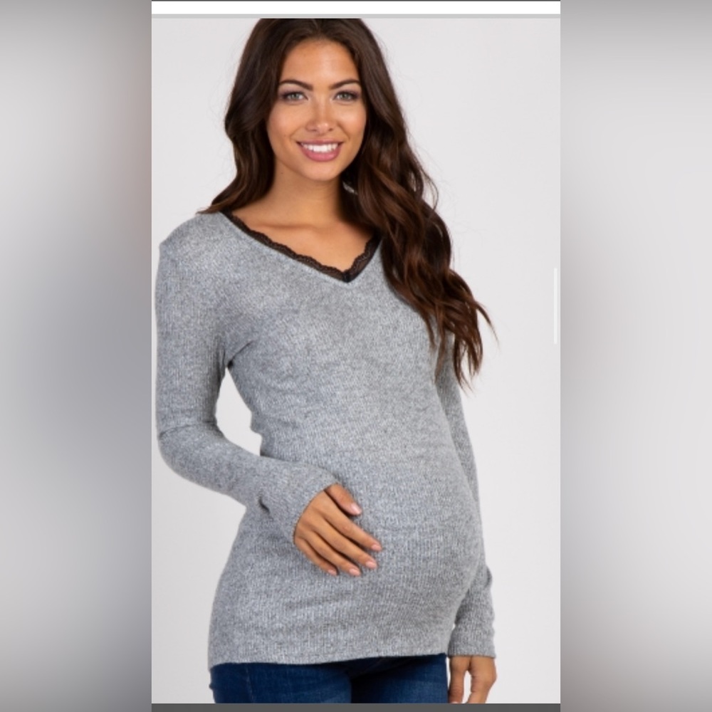 PinkBlush maternity grey ribbed lace trim top